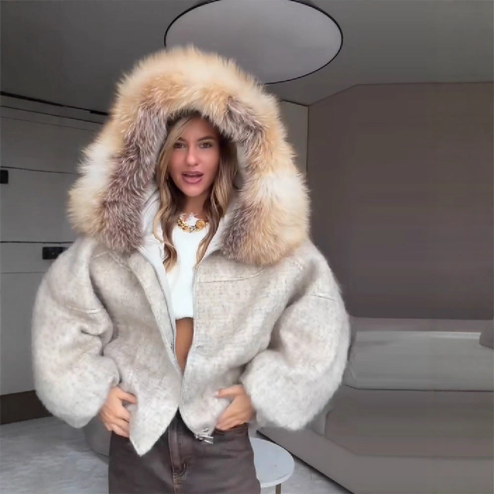Damen-Kurzmantel mit grossem Pelzkragen | LuxeStyle