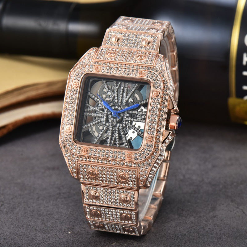 Quadratische Armbanduhr mit Edelstahlarmband und Diamantverzierung