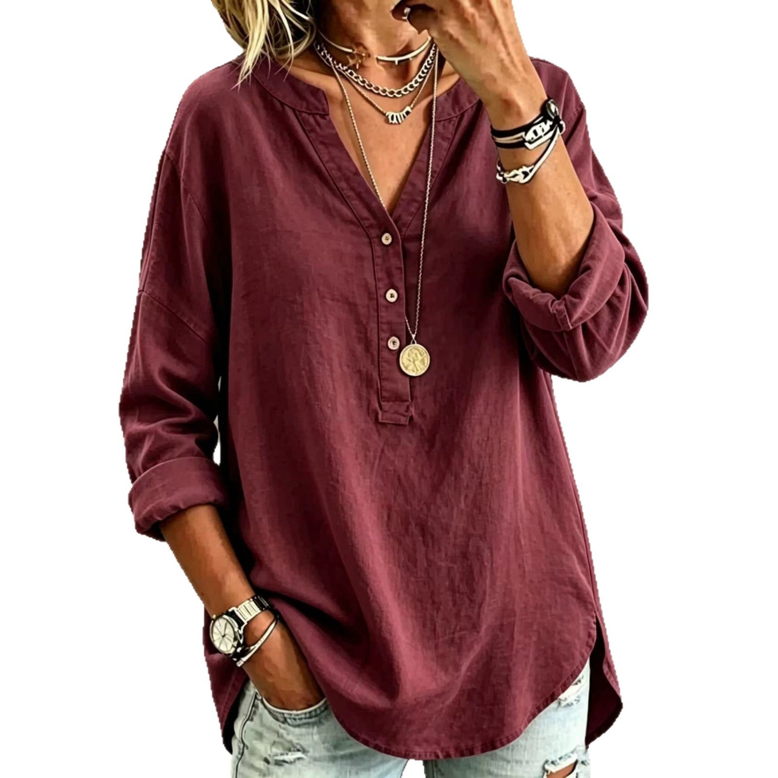 V-Ausschnitt Langarmshirt mit Knopfleiste