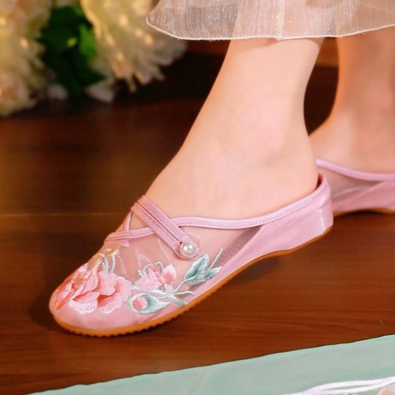 Sommer Mesh Sandalen mit Blumenstickerei