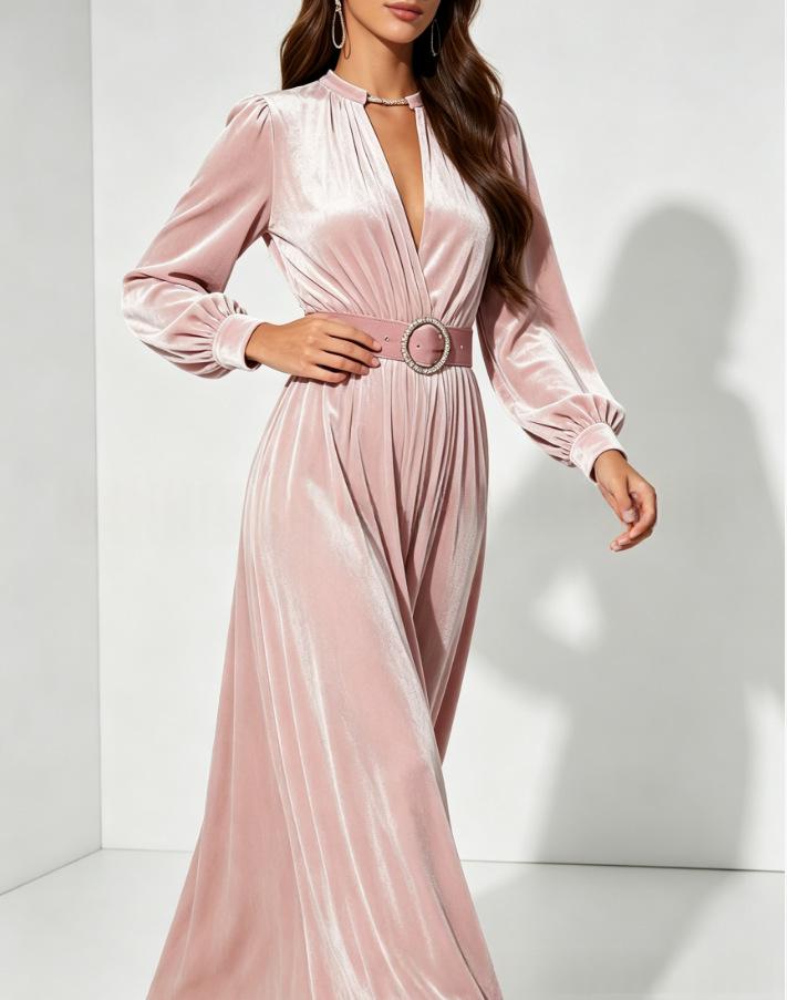 Velvet-Kleid mit V-Ausschnitt und Taillenbetonung