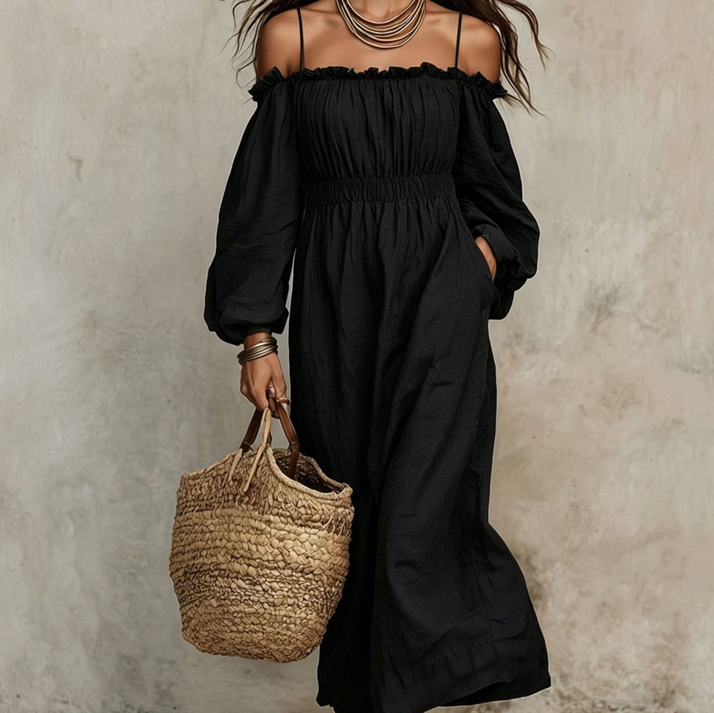 Damen Off-Shoulder Langarm Weit Schnittkleid