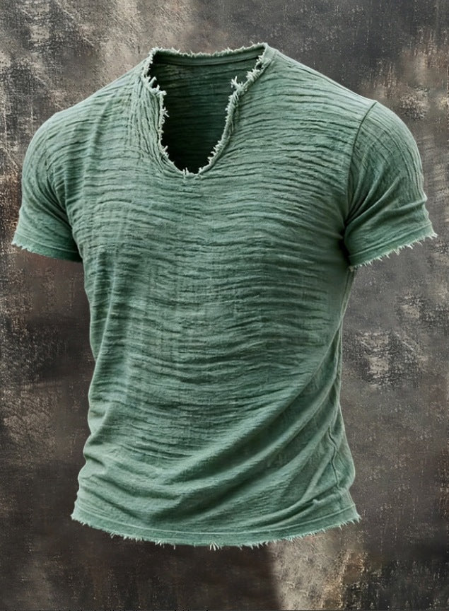 Retro Baumwoll-Leinen T-Shirt mit V-Ausschnitt