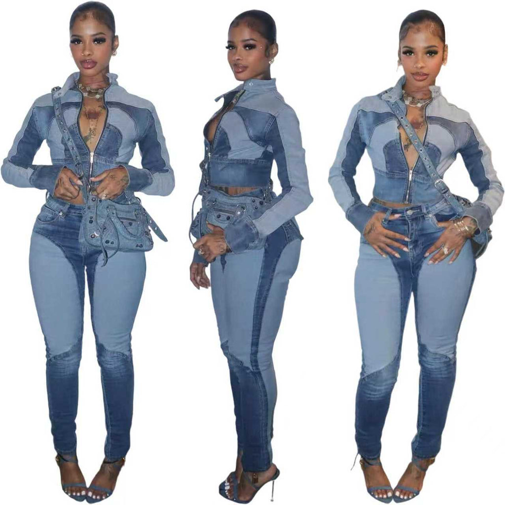 Patchwork Color-Block Denim Zweiteiler