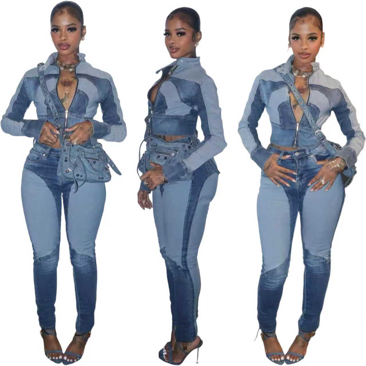 Patchwork Color-Block Denim Zweiteiler