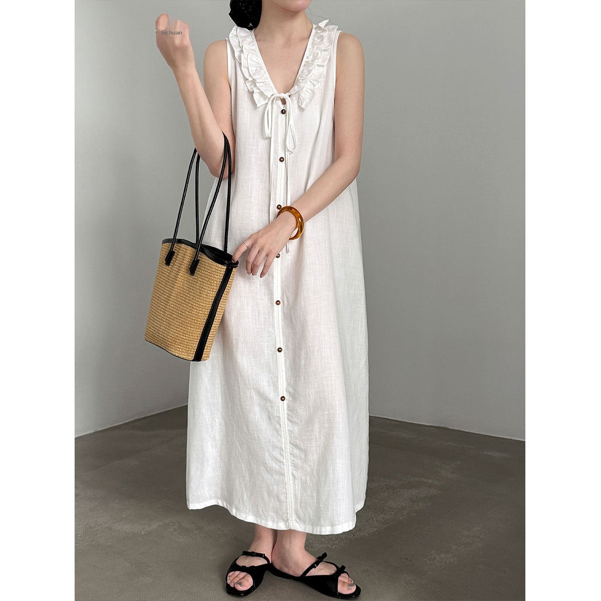 Ärmelloses V-Neck Kleid mit Rüschen