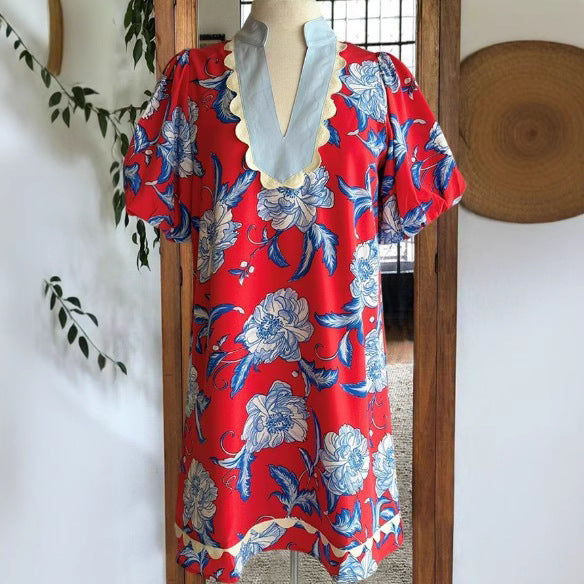 Damen Kleid mit Spitze und Farbblock-Print