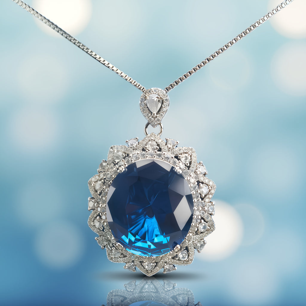 Doppel-Halo Oval Royalblau CZ Halskette