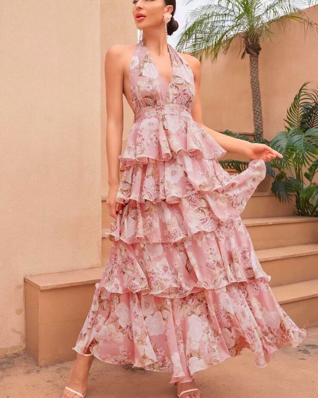 Damen V-Ausschnitt Träger Mehrlagiges Bedrucktes Kleid – Bild 6 | LuxeStyle
