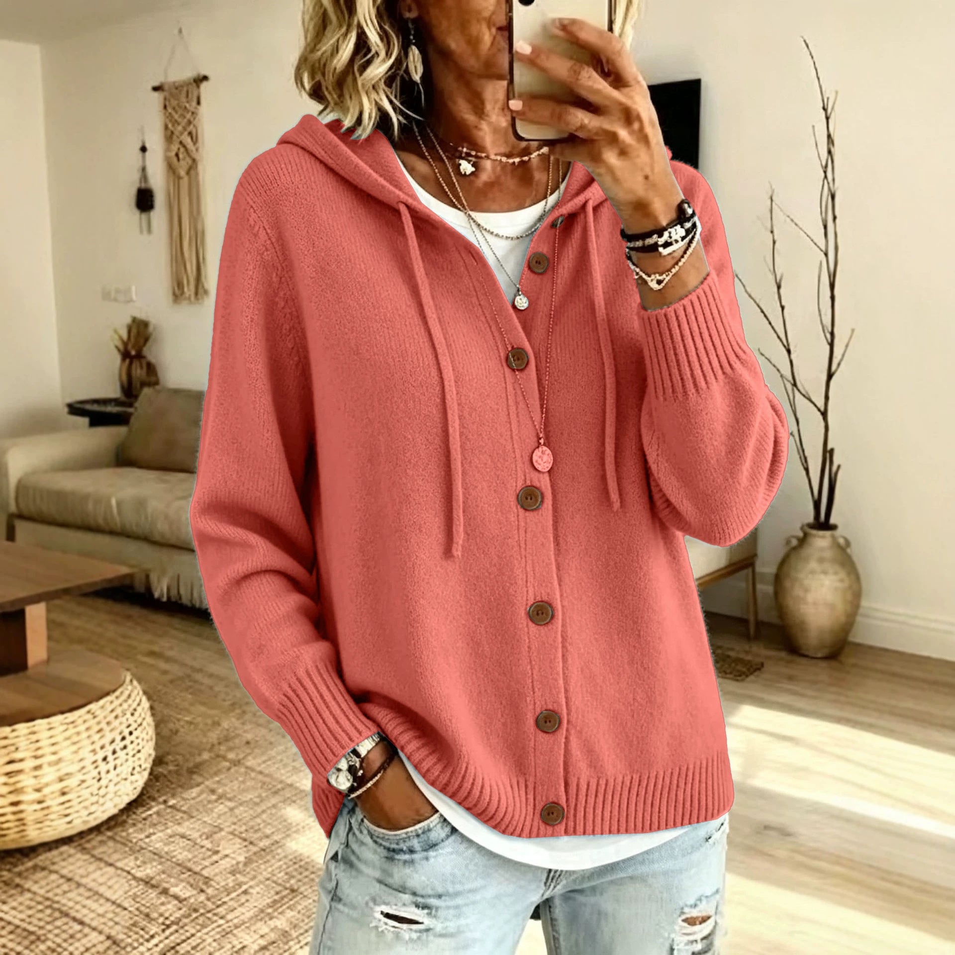 Kapuzen-Cardigan mit Strickknöpfen