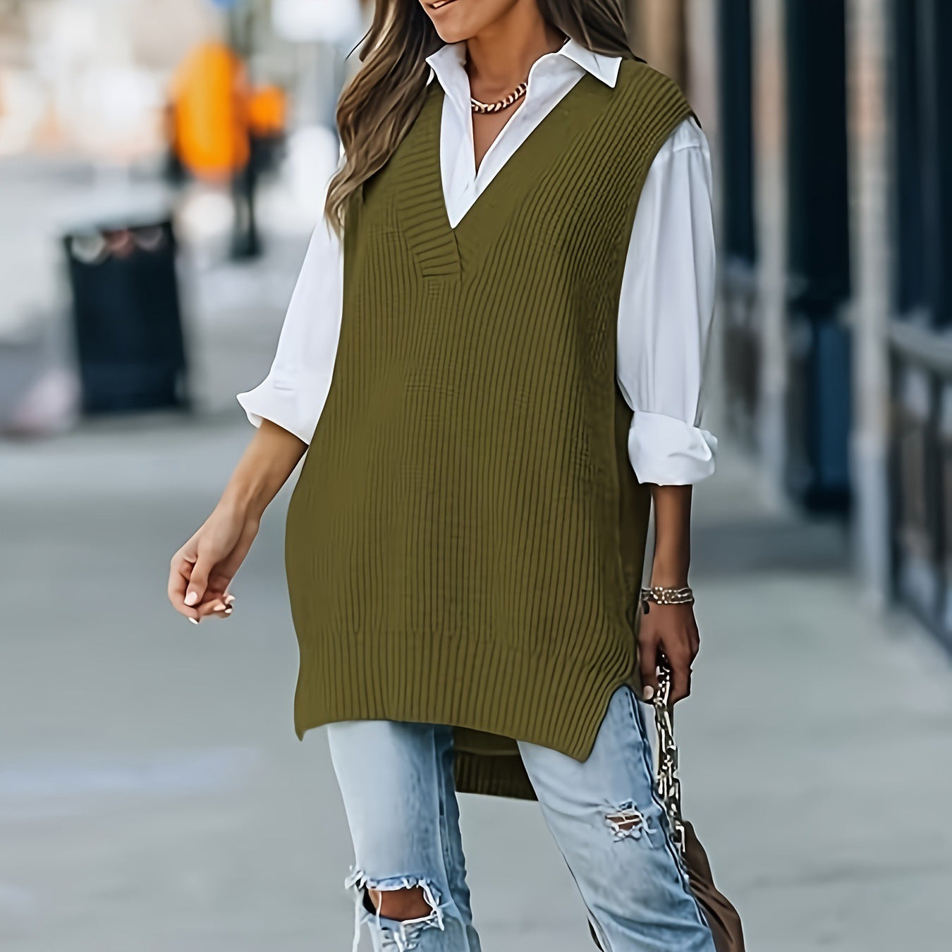 Color-Block V-Neck Strickweste für Damen