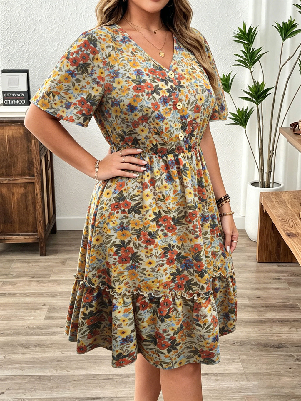 Midi-Kleid mit V-Ausschnitt & Blumenmuster – Bild 4 | LuxeStyle