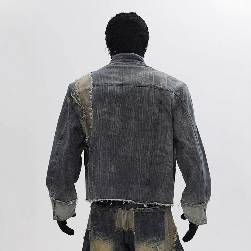 Vintage Patchwork Distressed Jeansjacke für Herren