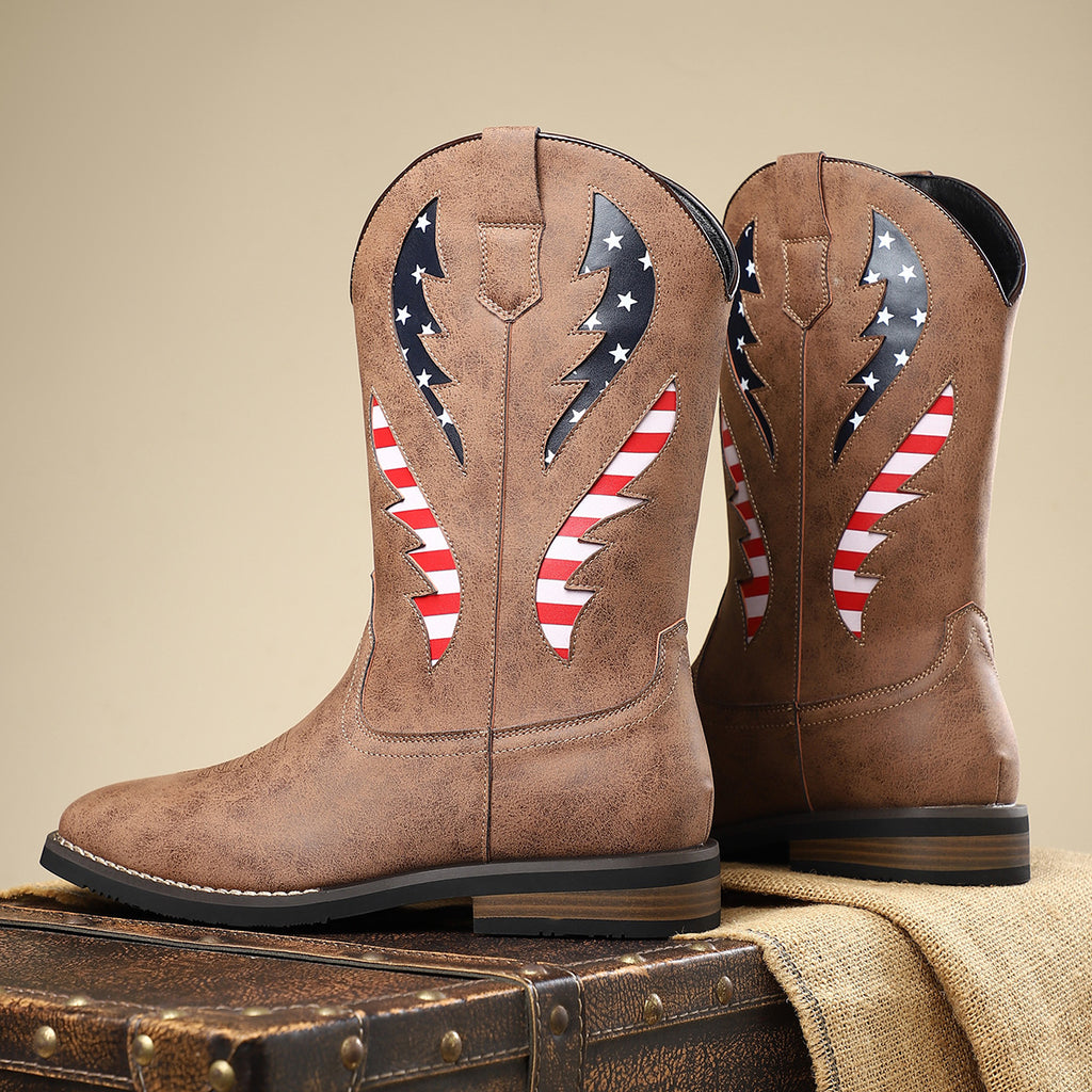 Herren-Lederboots mit Patchwork und Blockabsatz