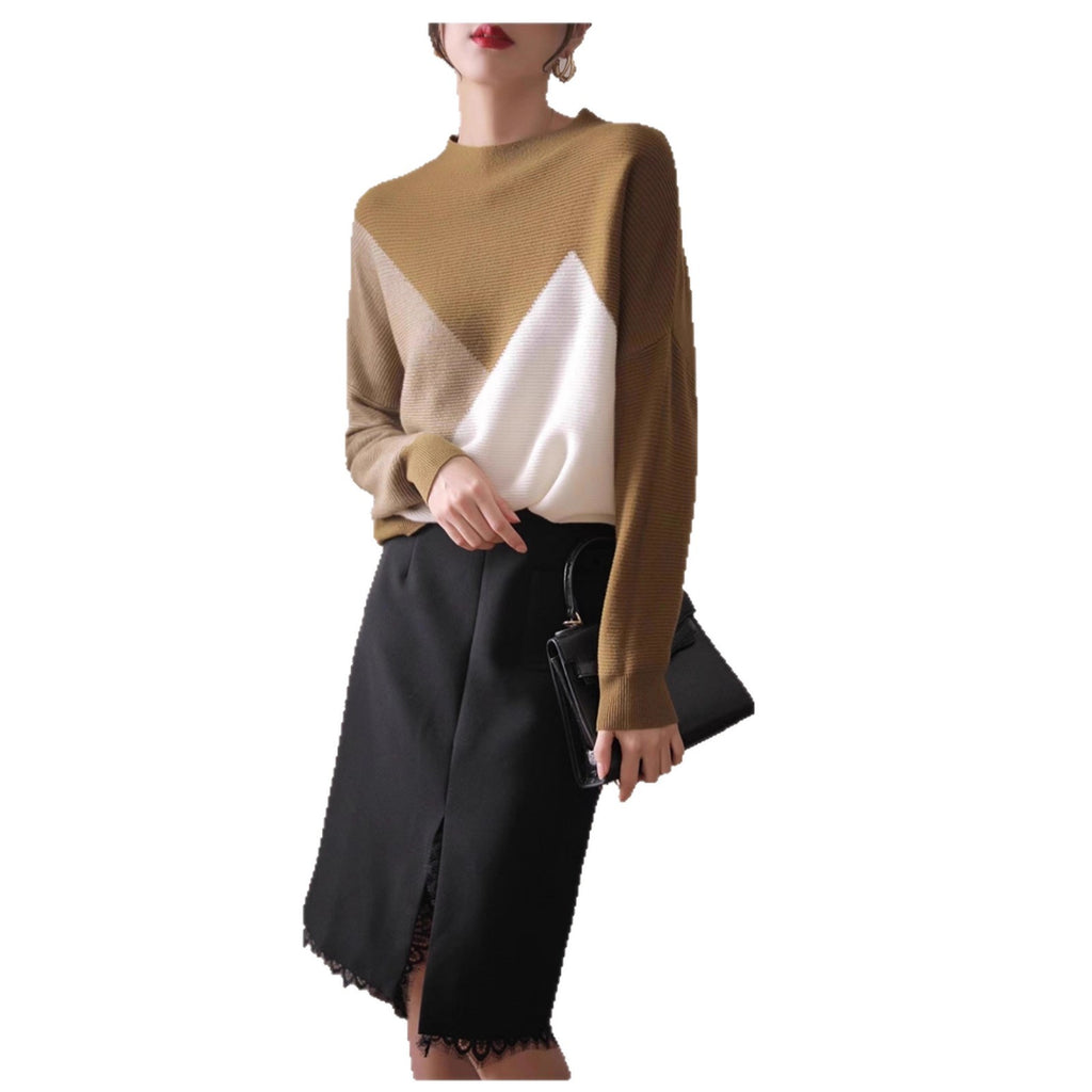 Vielseitiger Farbblock Rollkragenpullover aus Wolle
