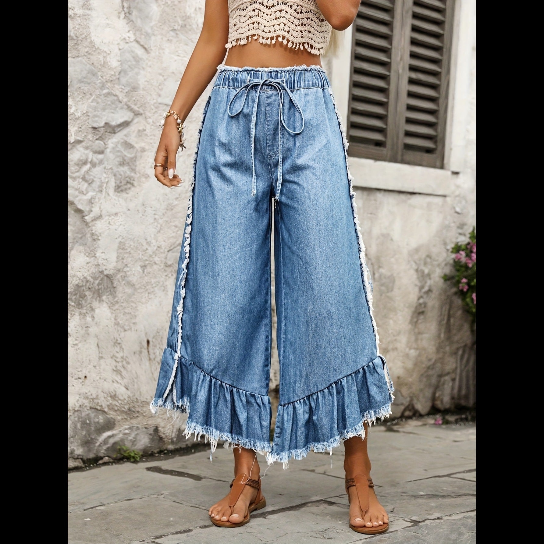 Elastische Denim Jeans mit Fransen