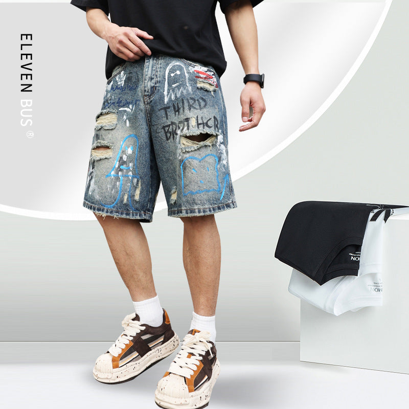 Ripped Jeans Shorts für Herren mit Graffiti