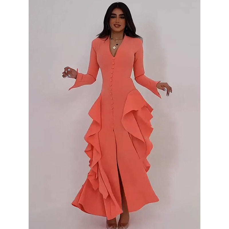 Elegantes V-Ausschnitt Maxikleid mit Rüschen – Bild 3 | LuxeStyle