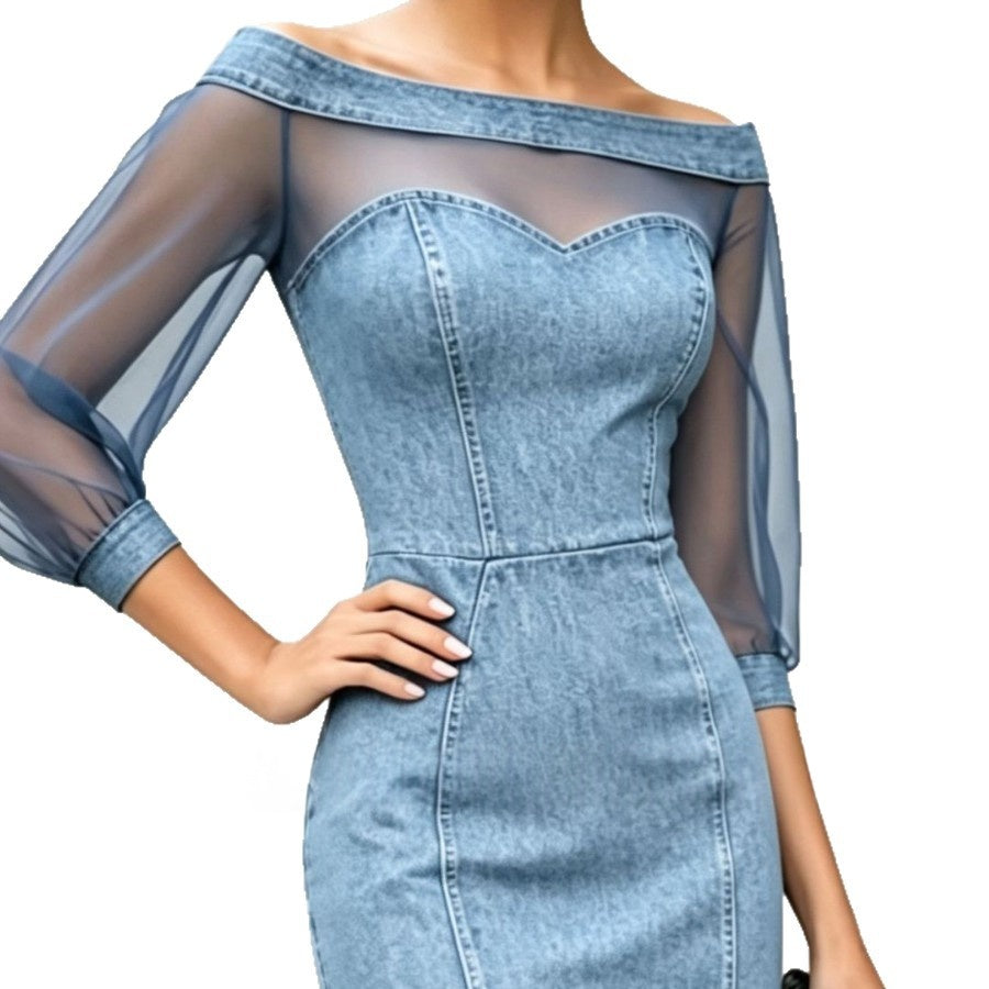 Off-Shoulder Jeanskleid mit Mesh-Details – Bild 3 | LuxeStyle