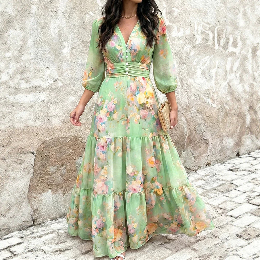 Chiffonkleid mit Volants und Taillengürtel