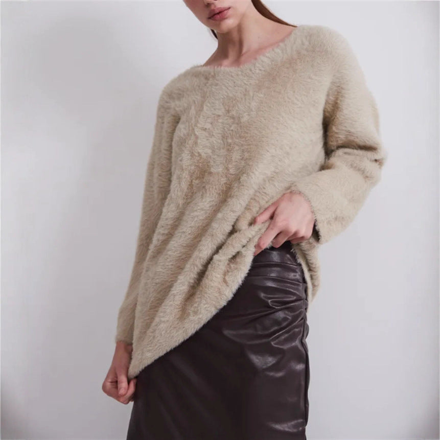 V-Ausschnitt Strickpullover aus Faux Mink Samt