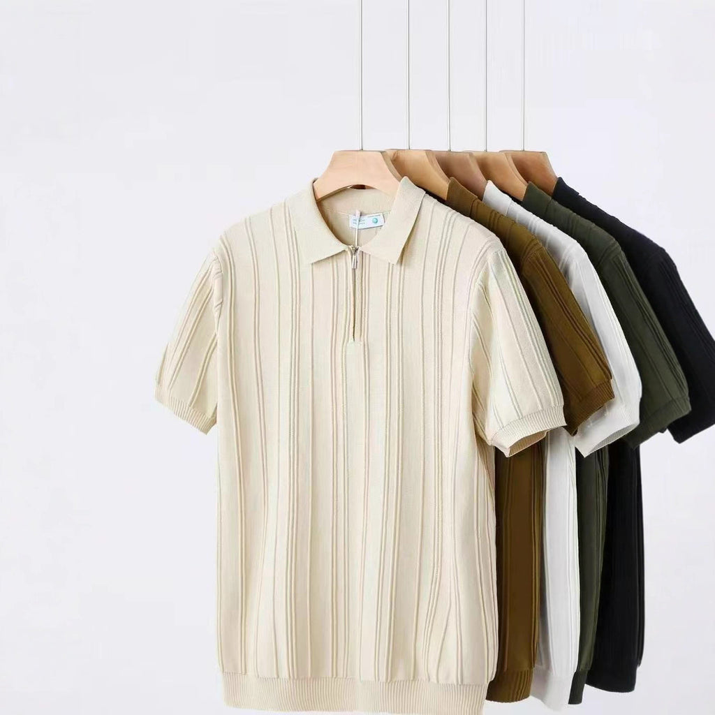 Gestreiftes Kurzarm-Polohemd mit Half-Zip