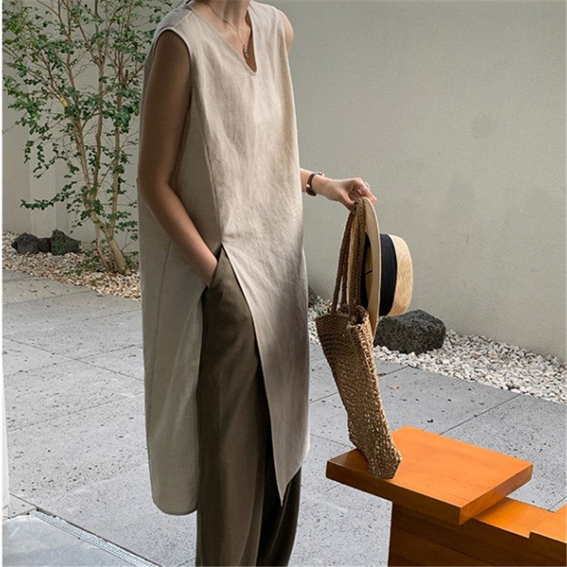 Ärmelloses V-Neck Tank Dress aus Baumwoll-Leinen