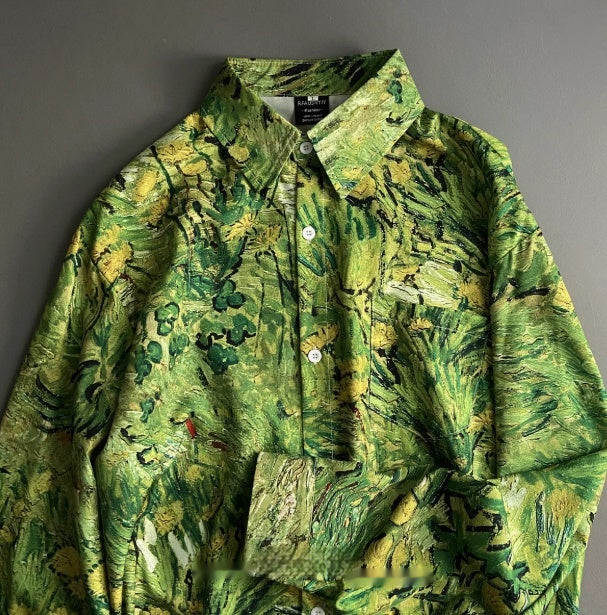 Grünblaues Pflanzenöl-Malerei-Shirt mit langen Ärmeln – Bild 4 | LuxeStyle