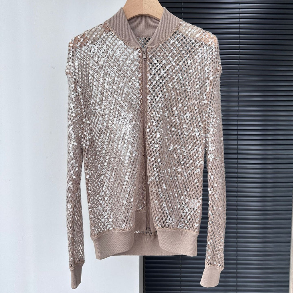 Leinen-Blazer mit Pailletten und Stehkragen