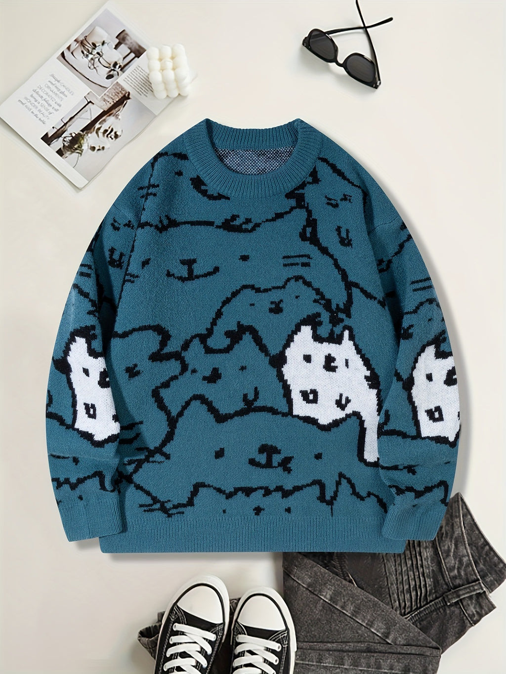 Herren Knit Sweater mit niedlichem Katzenprint