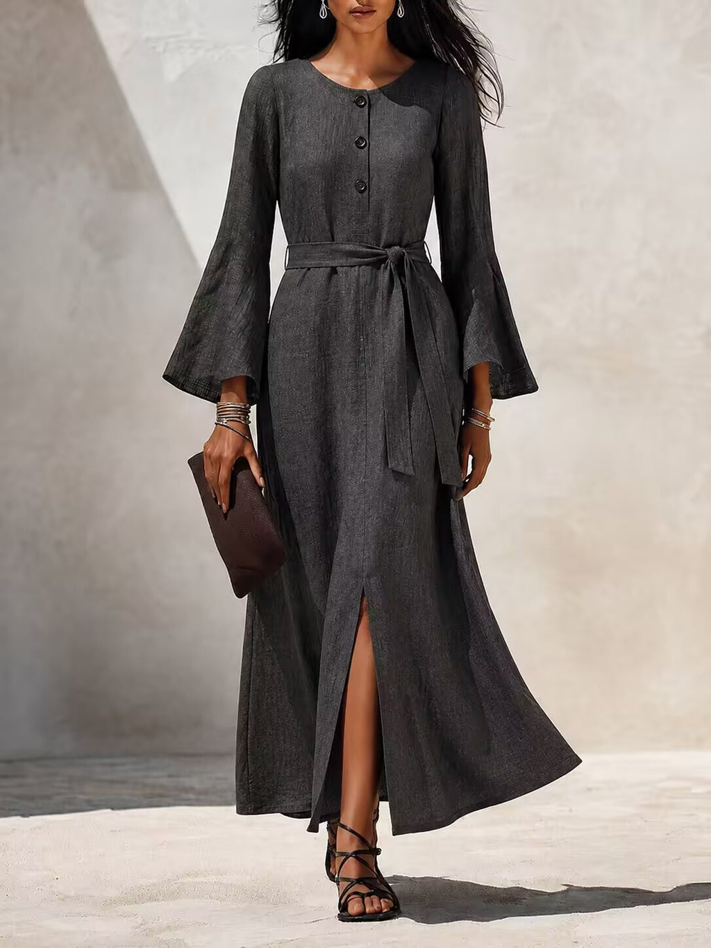 Damen Casual Leinenkleid mit ausgestellten Ärmeln