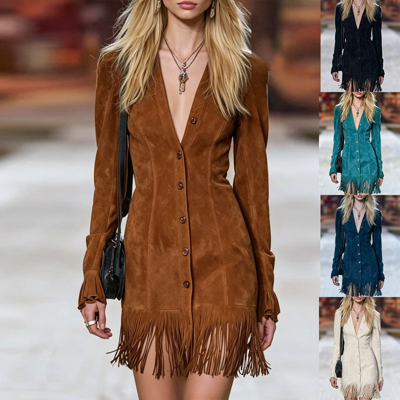 V-Ausschnitt Langarm Tassel Mini-Rock