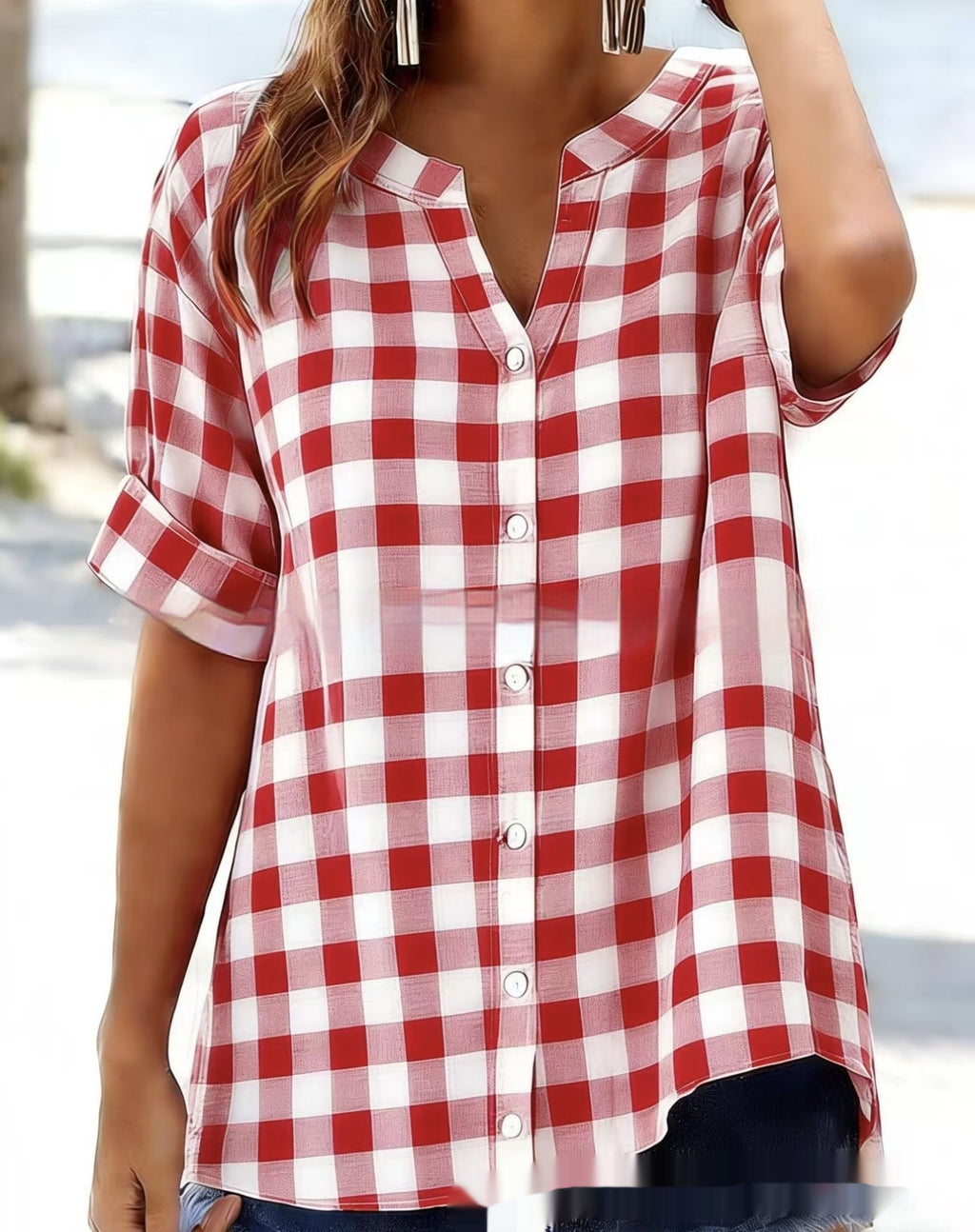 Plaid-V-Neck-Bluse – Bild 8 | LuxeStyle