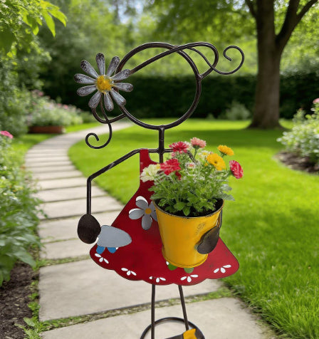 Blumentopf-Figur aus bemaltem Schmiedeeisen
