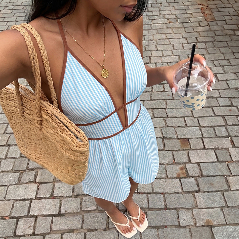 Gestreifter Halterneck Jumpsuit mit weitem Bein