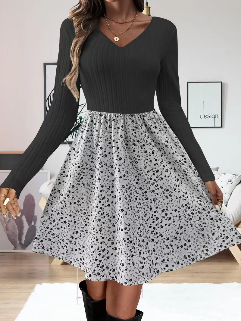 Patchwork-Blumen-Kleid mit V-Ausschnitt – Bild 4 | LuxeStyle