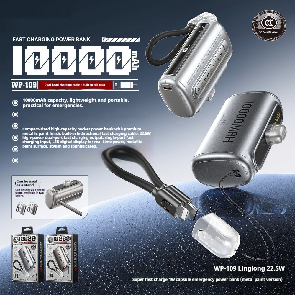 Kompakte 10000 mAh Powerbank mit integriertem Kabel