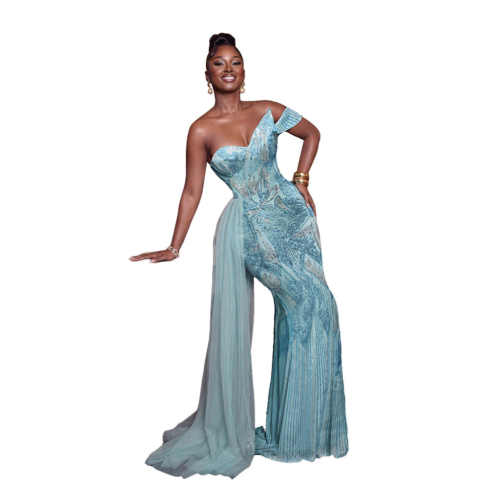 Off-Shoulder Paillettenkleid mit fliessenden Bändern