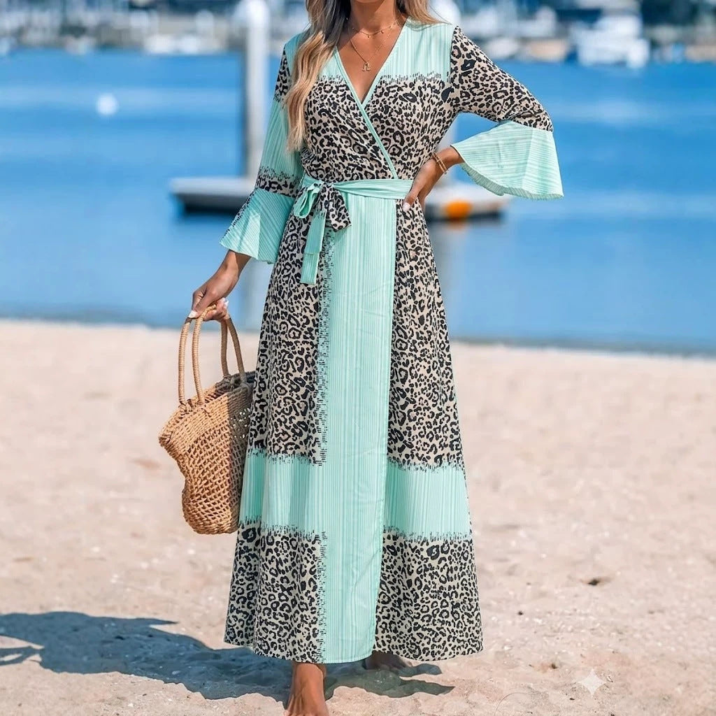 Leoparden-Patchwork V-Ausschnitt Kleid – Bild 5 | LuxeStyle
