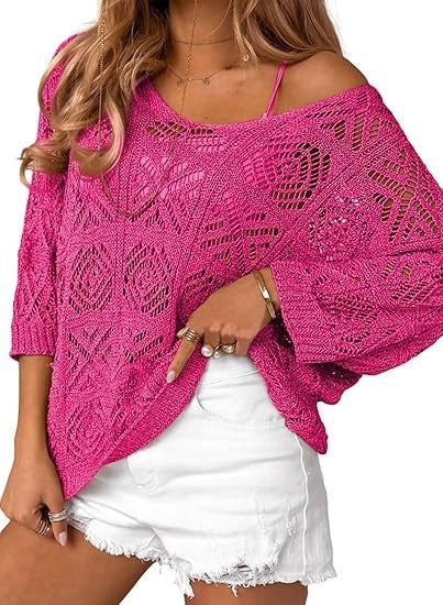 Gehäkelter Pullover mit Dreiviertelärmeln