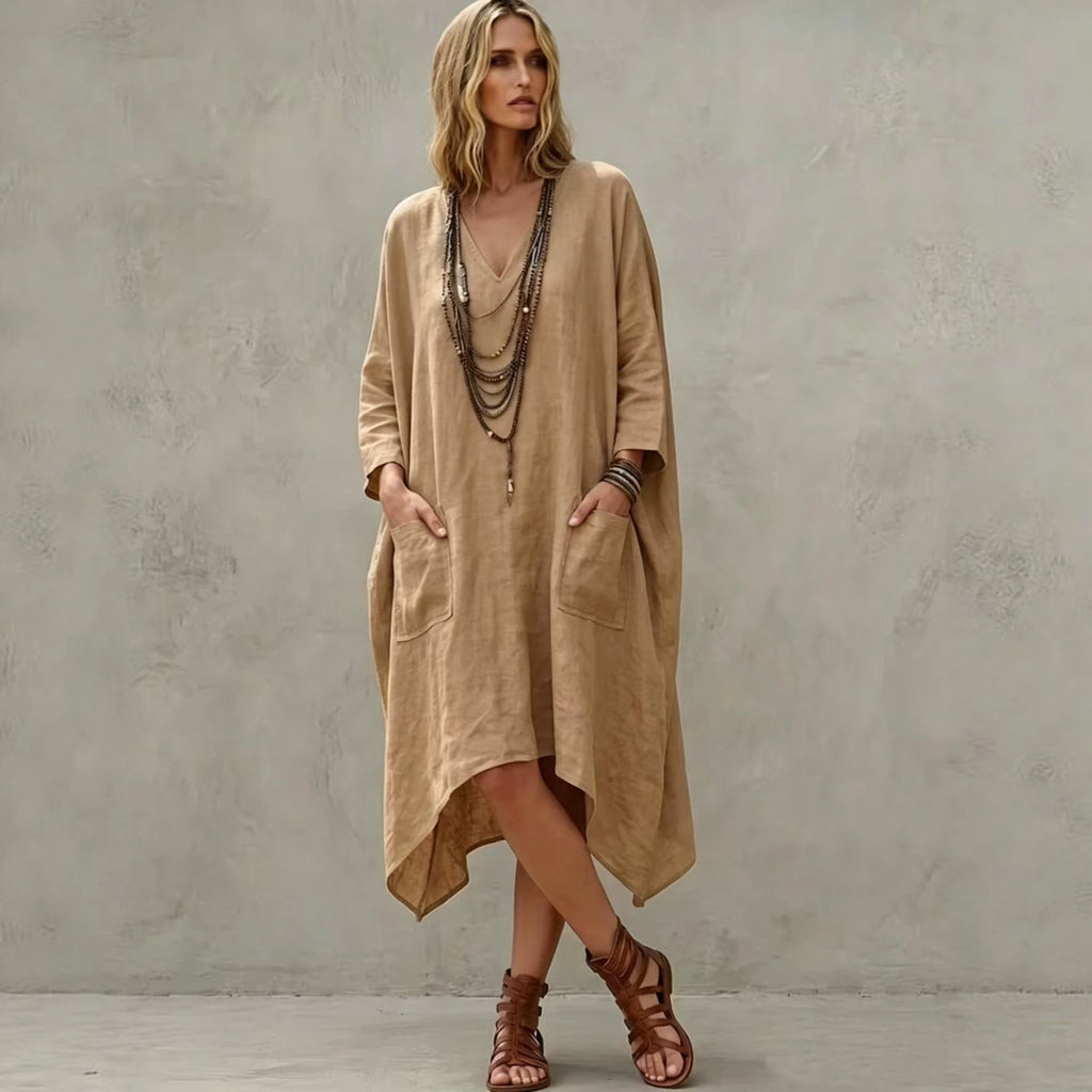 Lässiges V-Neck 3/4-Arm Kleid