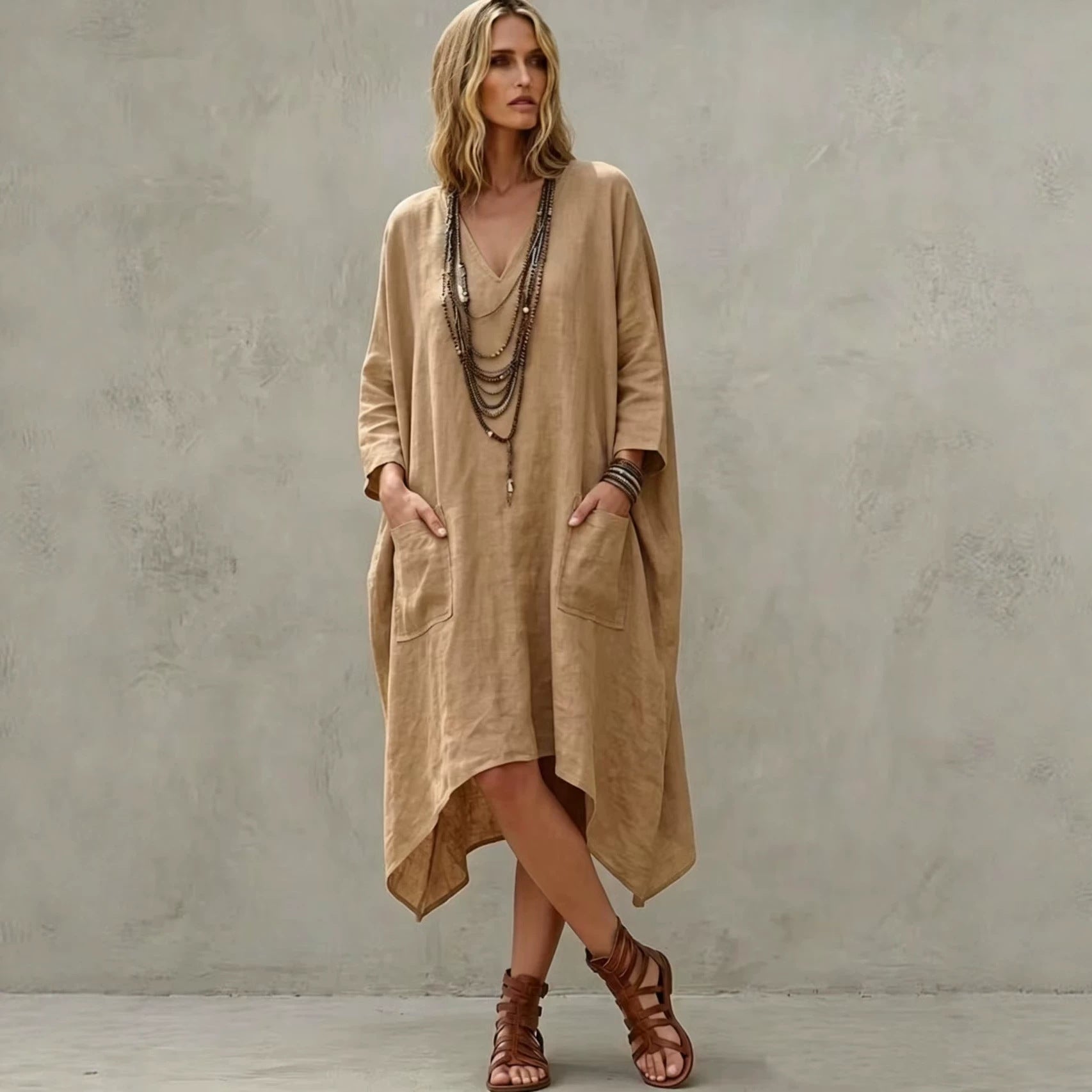 Lässiges V-Neck 3/4-Arm Kleid