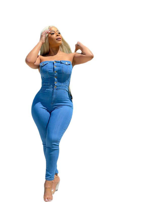 Slim Fit Denim Jumpsuit Ohne Schulter