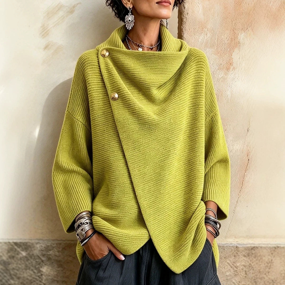 Langarmpullover mit asymmetrischem Rundknopf – Bild 3 | LuxeStyle