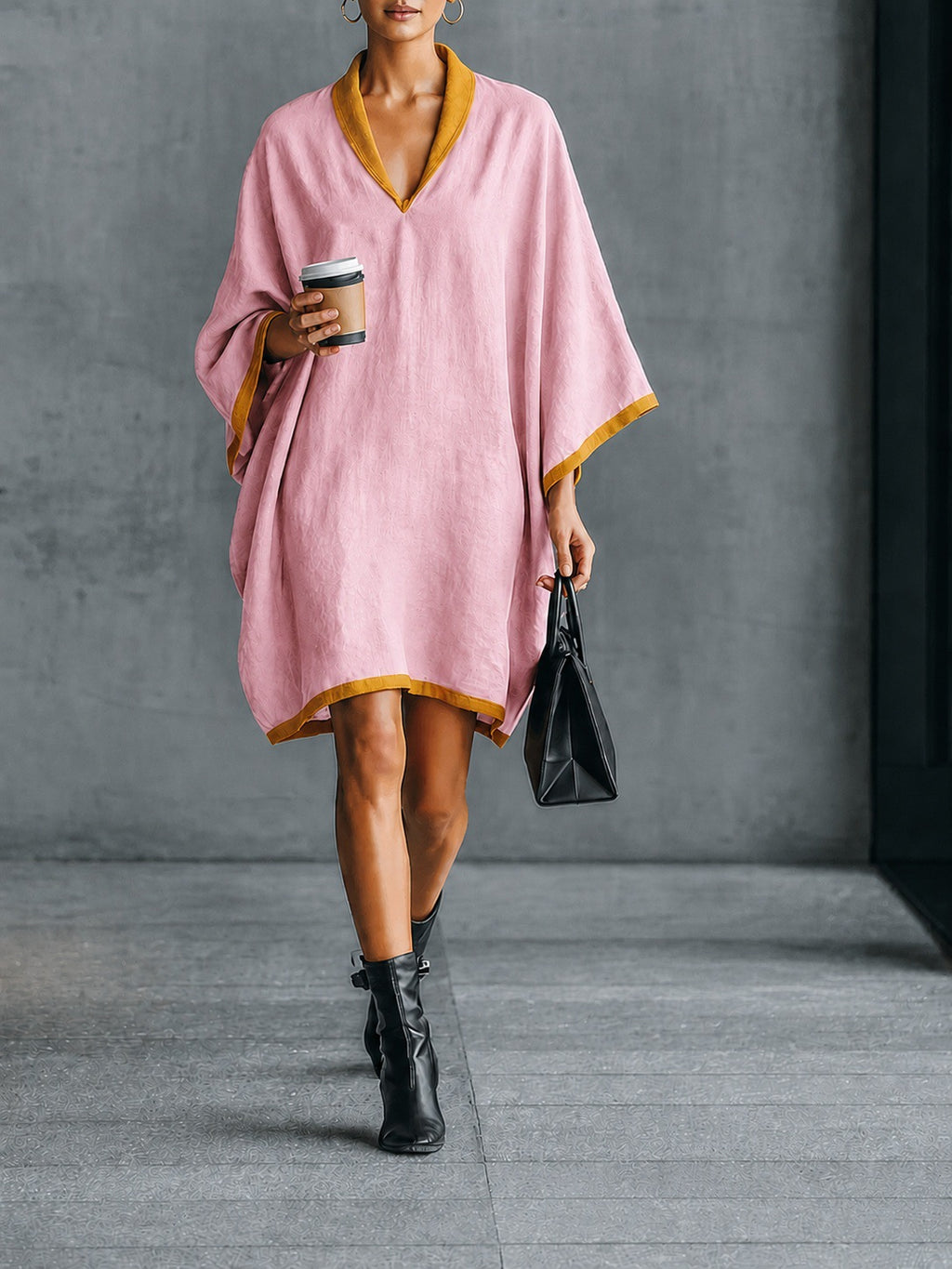 Leinen-Mix V-Ausschnitt Kleid mit Fledermausärmeln | LuxeStyle