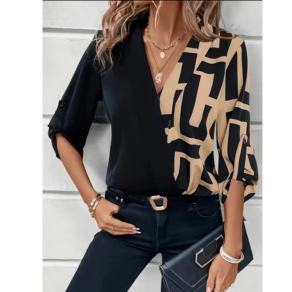Schwarzes Casual V-Neck Shirt mit Patchwork – Bild 6 | LuxeStyle