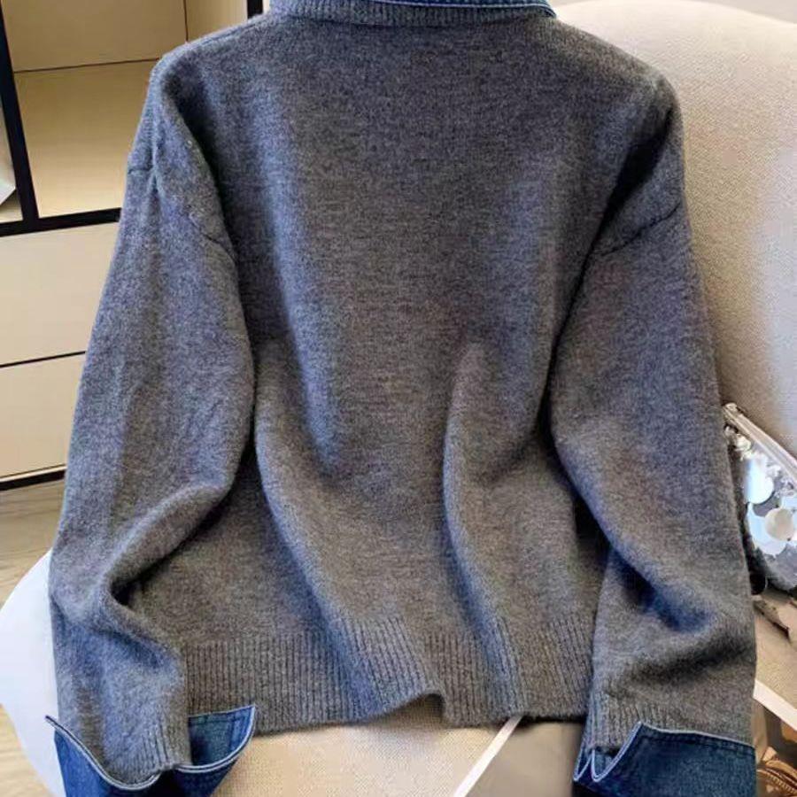 Denim-Patchwork Rollkragen-Pullover im Lagenlook