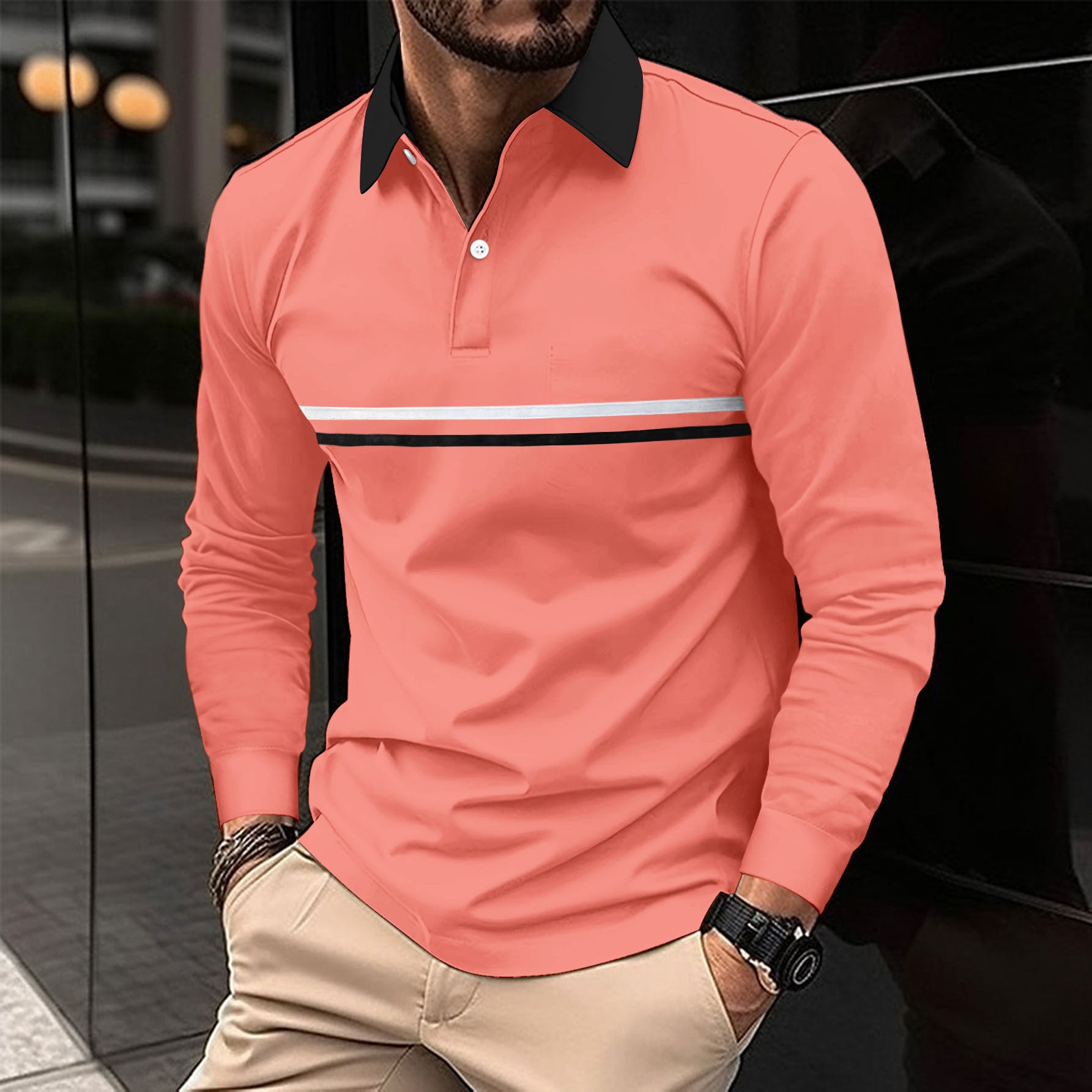 Herren Langarm Polo-Shirt mit Knopfleiste
