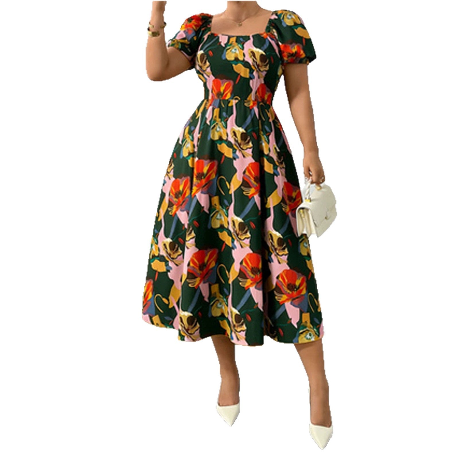 Midi-Kleid mit Blumenmuster und Viereck-Ausschnitt