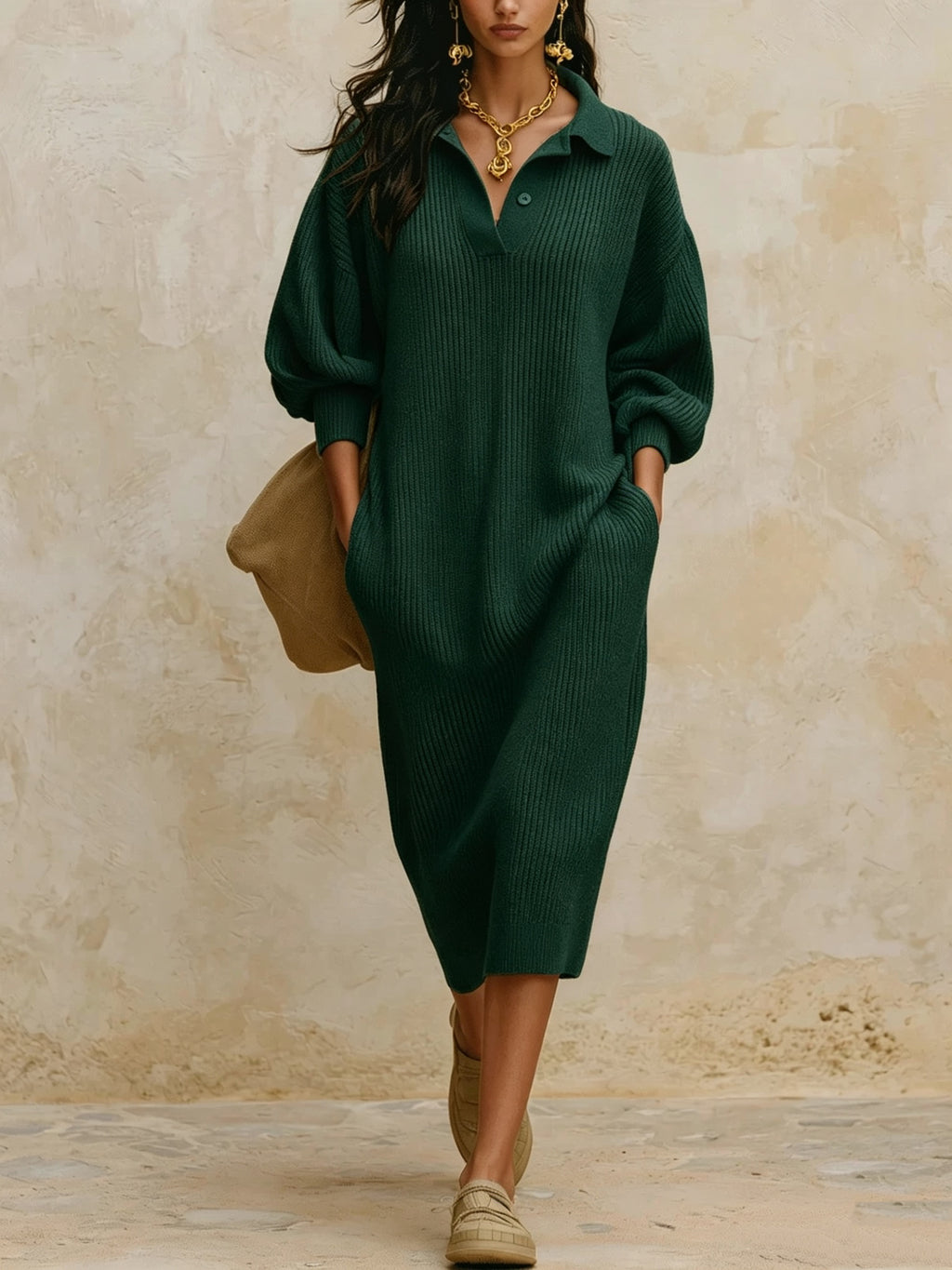 Pullover-Kleid mit V-Ausschnitt und Puffärmel – Bild 3 | LuxeStyle